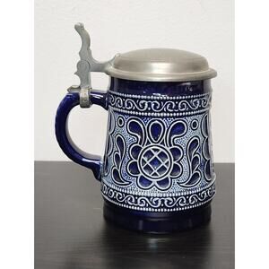 VINTAGE GERMAN LIDDED BEER STEIN- Blue & White